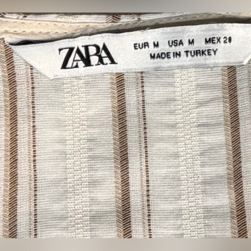ZARA Striped White & Brown Tiered V Neck Midi Dress Linen Blend Size Medium - Picture 5 of 5
